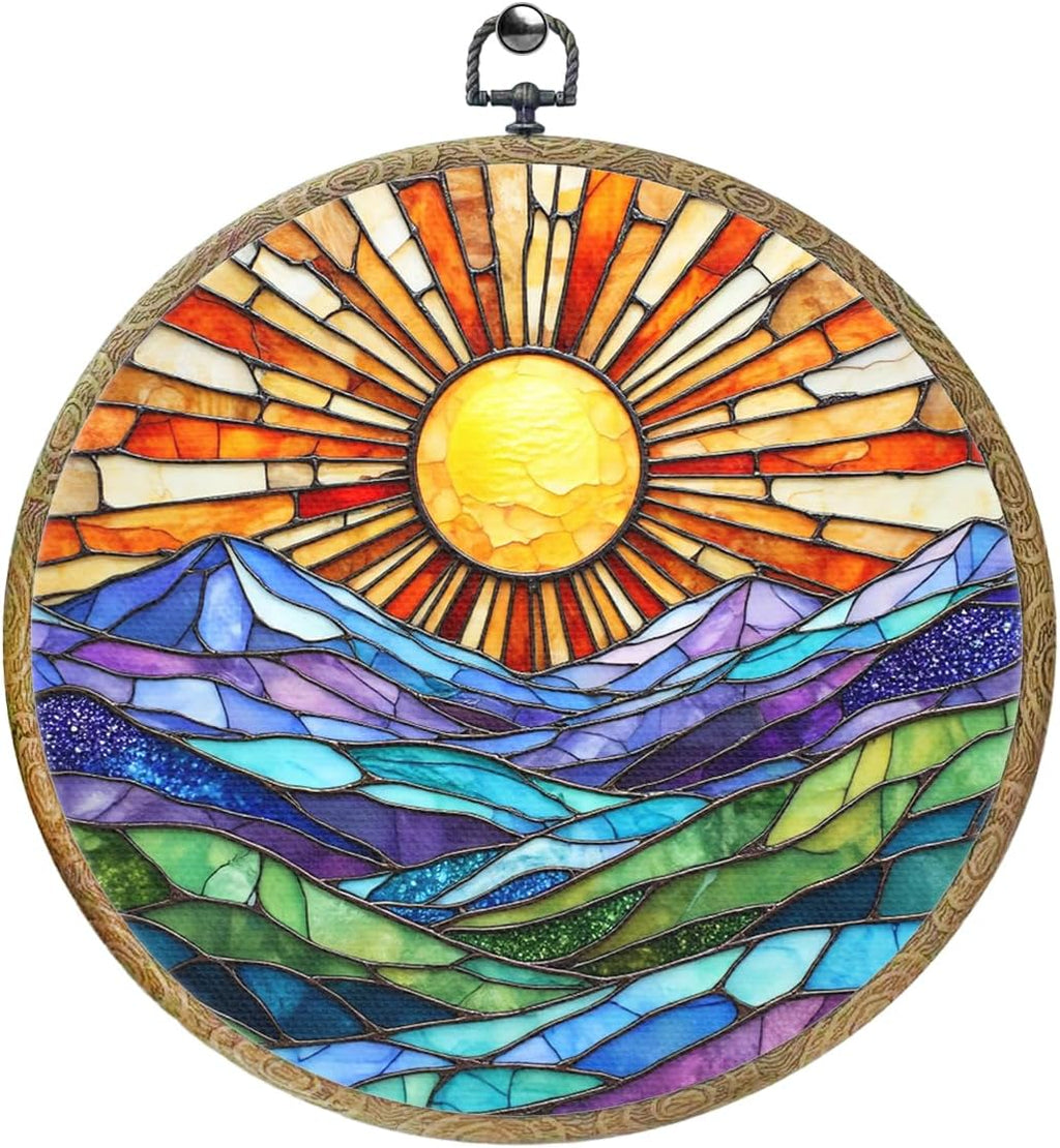 Colorful Mountain Sunset Bohemian Style Rainbow Sunrise Art Gift Framed Round Wall Decor Canvas Wall Art Hanging Prints Artwork for Home Nursery Bedroom Door Office Porch Decorations 10.2X10.2 Inch