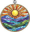 Colorful Mountain Sunset Bohemian Style Rainbow Sunrise Art Gift Framed Round Wall Decor Canvas Wall Art Hanging Prints Artwork for Home Nursery Bedroom Door Office Porch Decorations 10.2X10.2 Inch