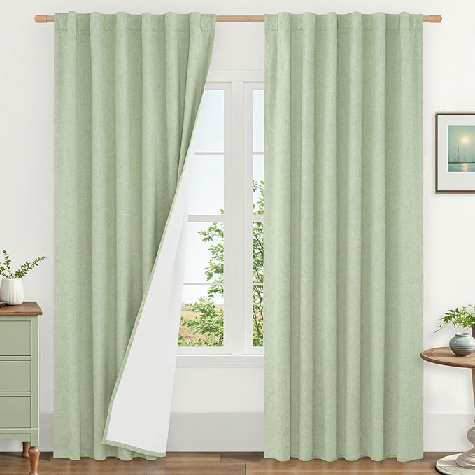 Light Green 100% Blackout Linen Curtains by LAMIT