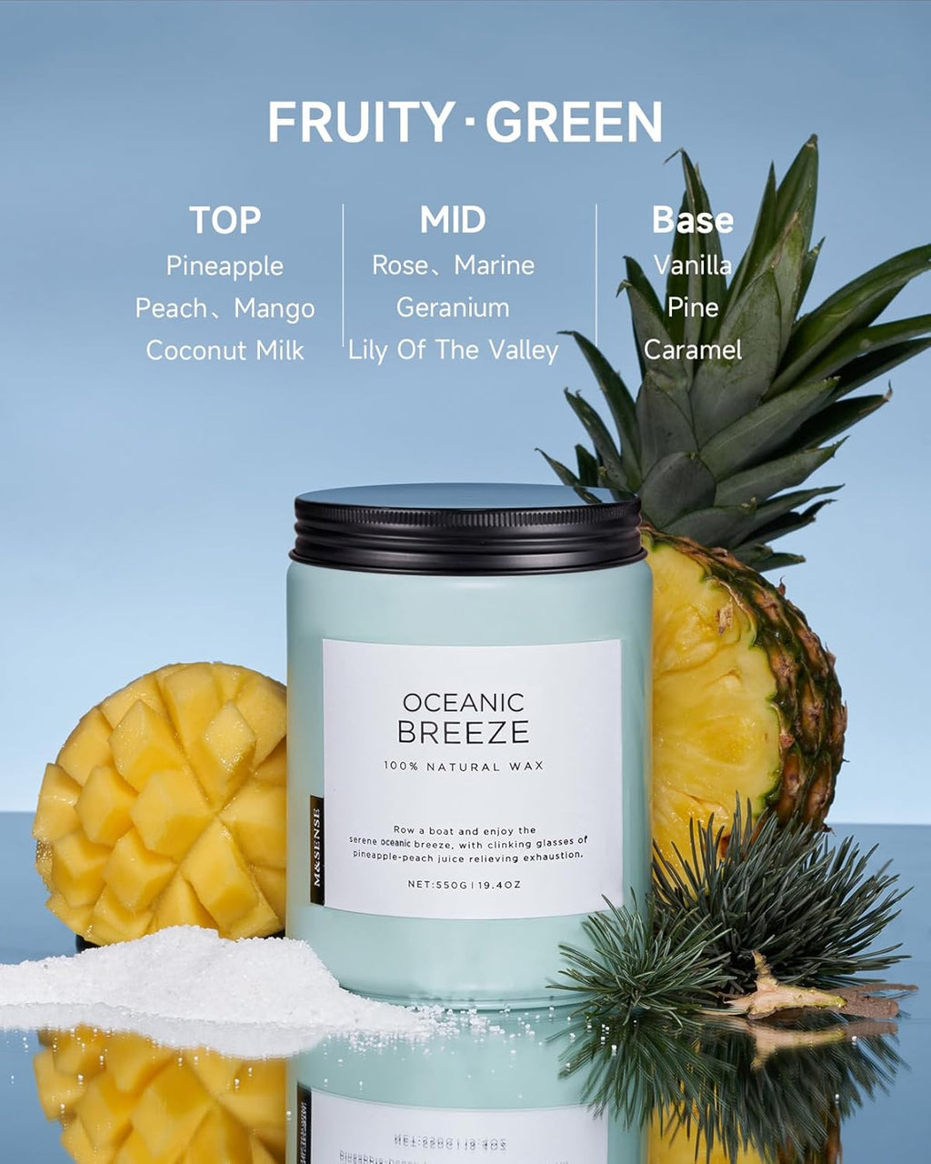 M&SENSE Candle Oceanic Breeze Scented, 19.4oz 110 Hour Long Lasting 2 Wick Pineapple & Mango Scent Natural Soy Candles for Home Scented for Stress Relief & Women/Men