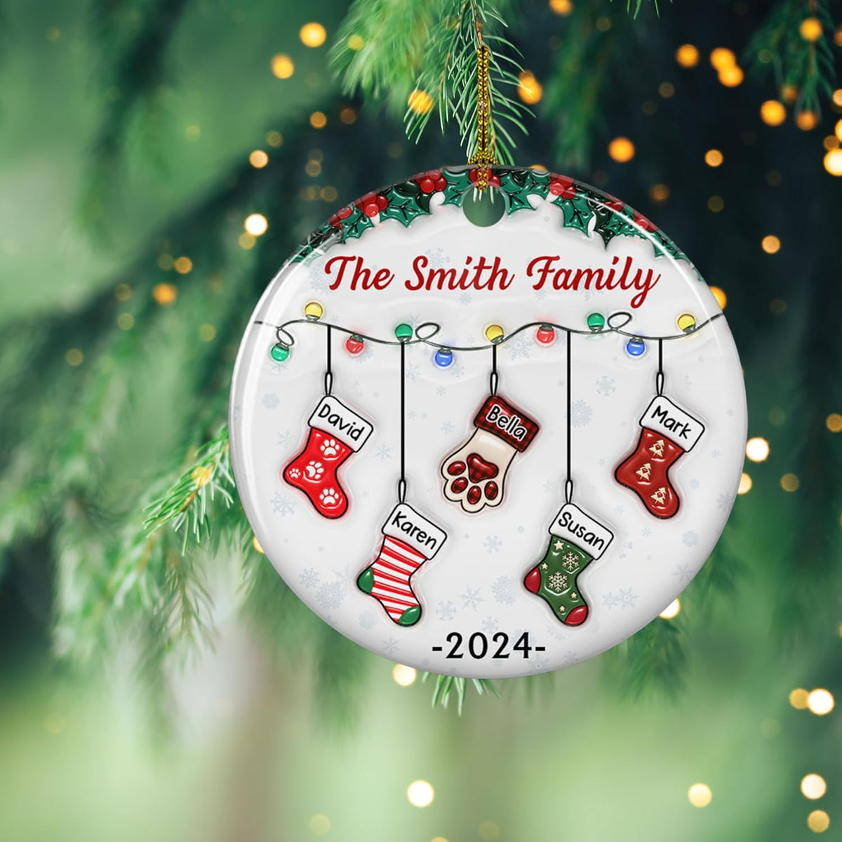 Stocking Personalized Family Christmas Ceramic Ornament 2025-3D Inflated Effect Custom Name Hanging Stock up to 10 Members, First Xmas as A Family Ornament Gifts (A04, 4 Names)