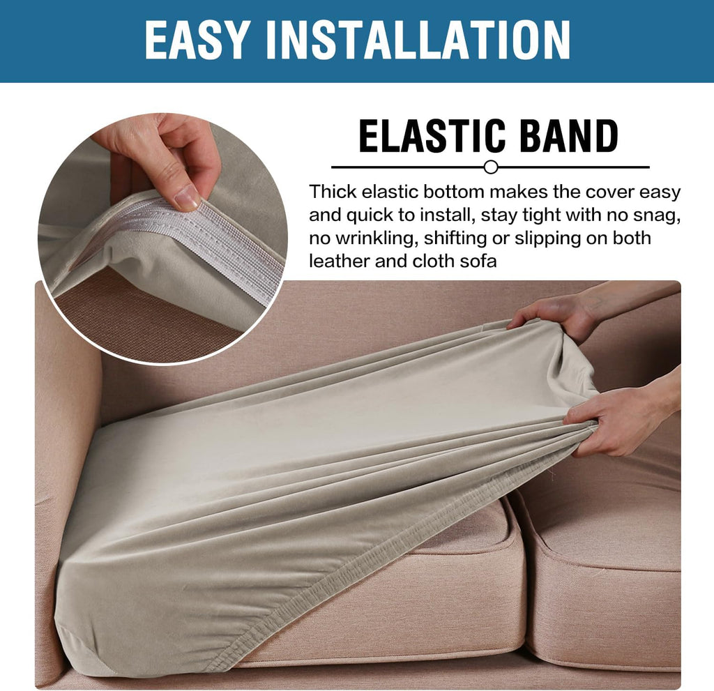H.VERSAILTEX Velvet Stretch Couch Cushion Cover Plush Cushion Slipcover for Chair Loveseat Sofa Cushion Furniture Protector Seat Cushion Sofa Cover (3 Piece XL Sofa Cushion Covers, Oatmeal)