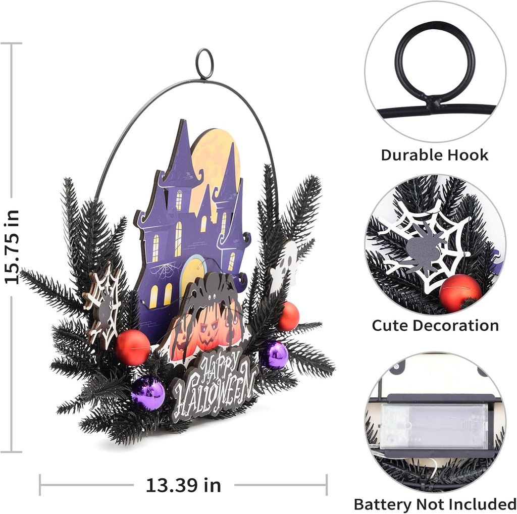 Lighted Halloween Wreaths for Front Door, Welcome Metal Wooden Door Wreath Decor Hanging Sign, 30 LED Lighted Wall Decor Battery Operated for Halloween Indoor Outdoor (Spider)