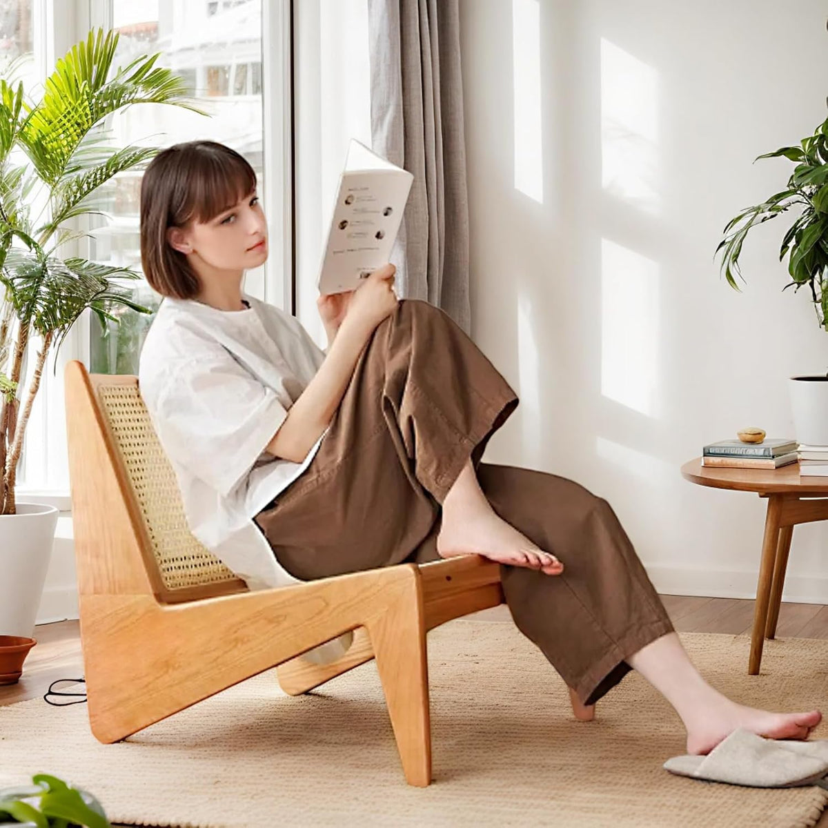 Rattan Chair 2Pcs, Mid Century Modern Accent Chair, Leisurely Reading Chair for Living Room（Wood）