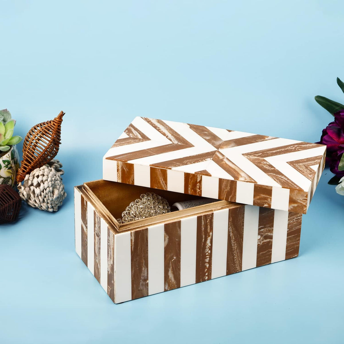 Handicrafts Home Handmade Chevron Pattern Decorative Box - Storage Organizer, Decor Centrepiece, Memory Keepsakes, Home Decor - Boho Style Treasure Box, Multipurpose Gift - Brown, 10x5x5