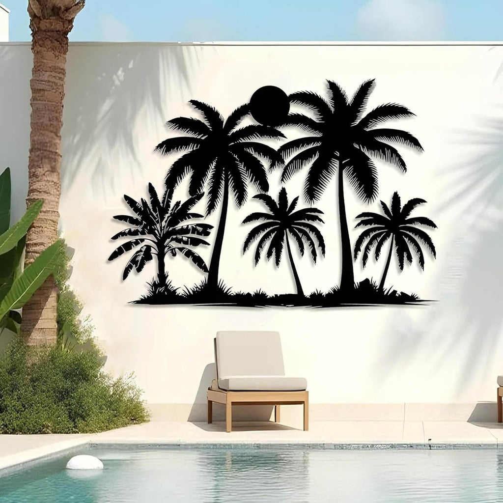Tuglona Metal Palm Tree with Sunset Wall Decor, Tropical Palm Tree Metal Wall Art, Tropical Wall Decor, Sun Wall Art, Beach Wall Decoration, Coastal Trees Wall Hanging (White, 35"x25"/90x62cm)