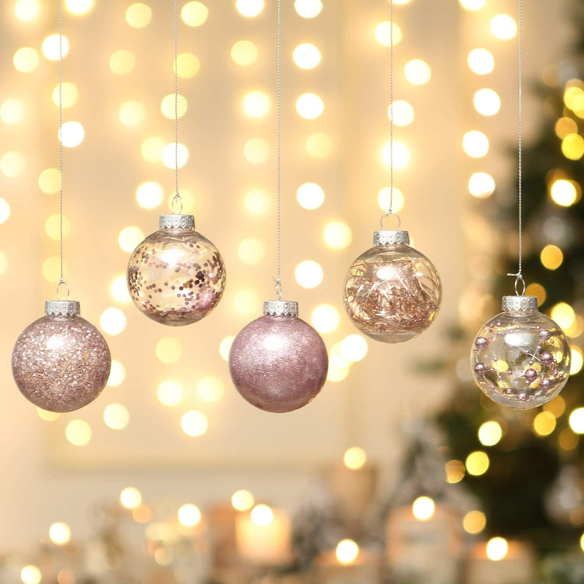 Sea Team Shatterproof Clear Plastic Christmas Ball Ornaments Decorative Xmas Balls Baubles Set with Stuffed Delicate Decorations (60mm/2.36 inch 30-Pack, Pinkish Gold)