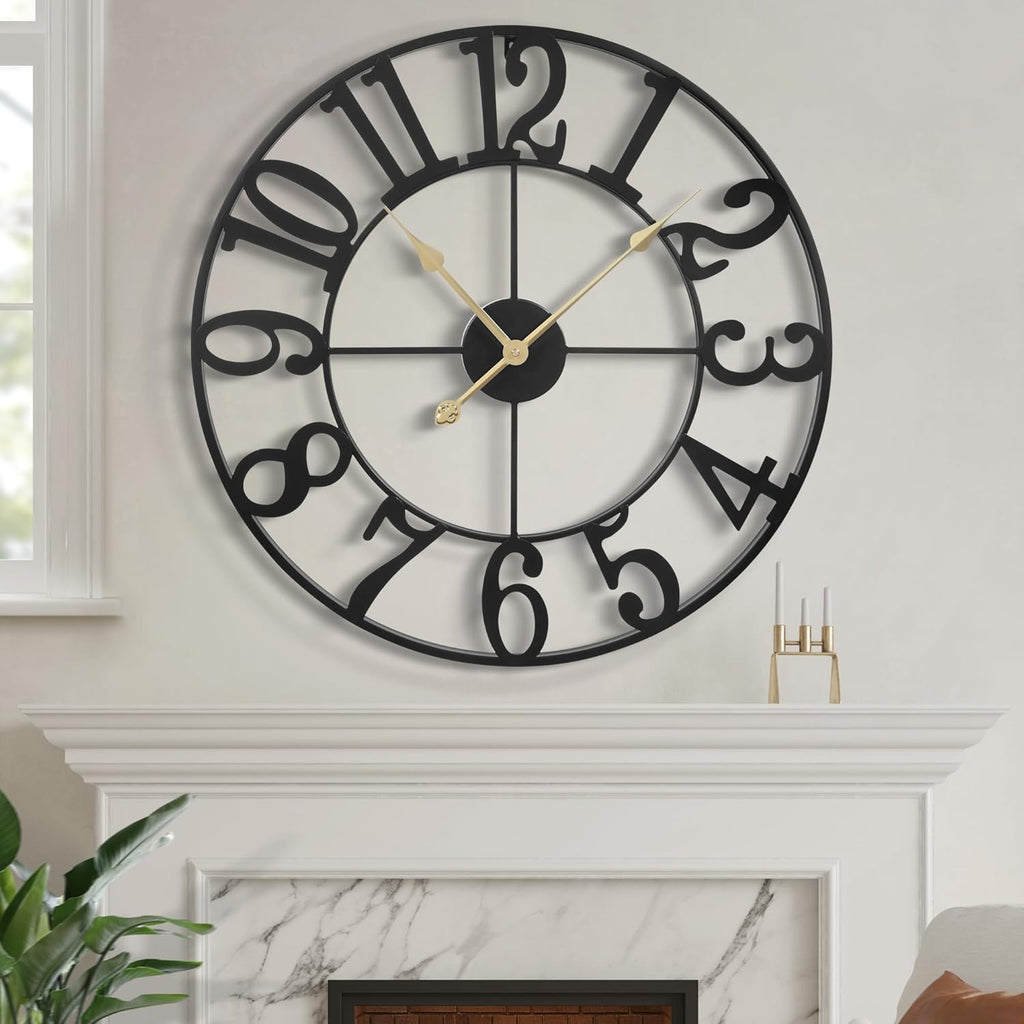LEIKE Large Wall Clock, 24" Silent Non-Ticking, Battery Operated, Oversized, Decorative Retro Black Metal Clock for Living Room,Farmhouse, Dinner Room,Indoor, Outdoor Decor(60cm, Black Arabic Number)