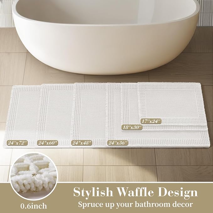 RESARE Waffle Bathroom Runner Rugs, Non Slip Boho Bath Mat 24"x72" White | Long - Image 5