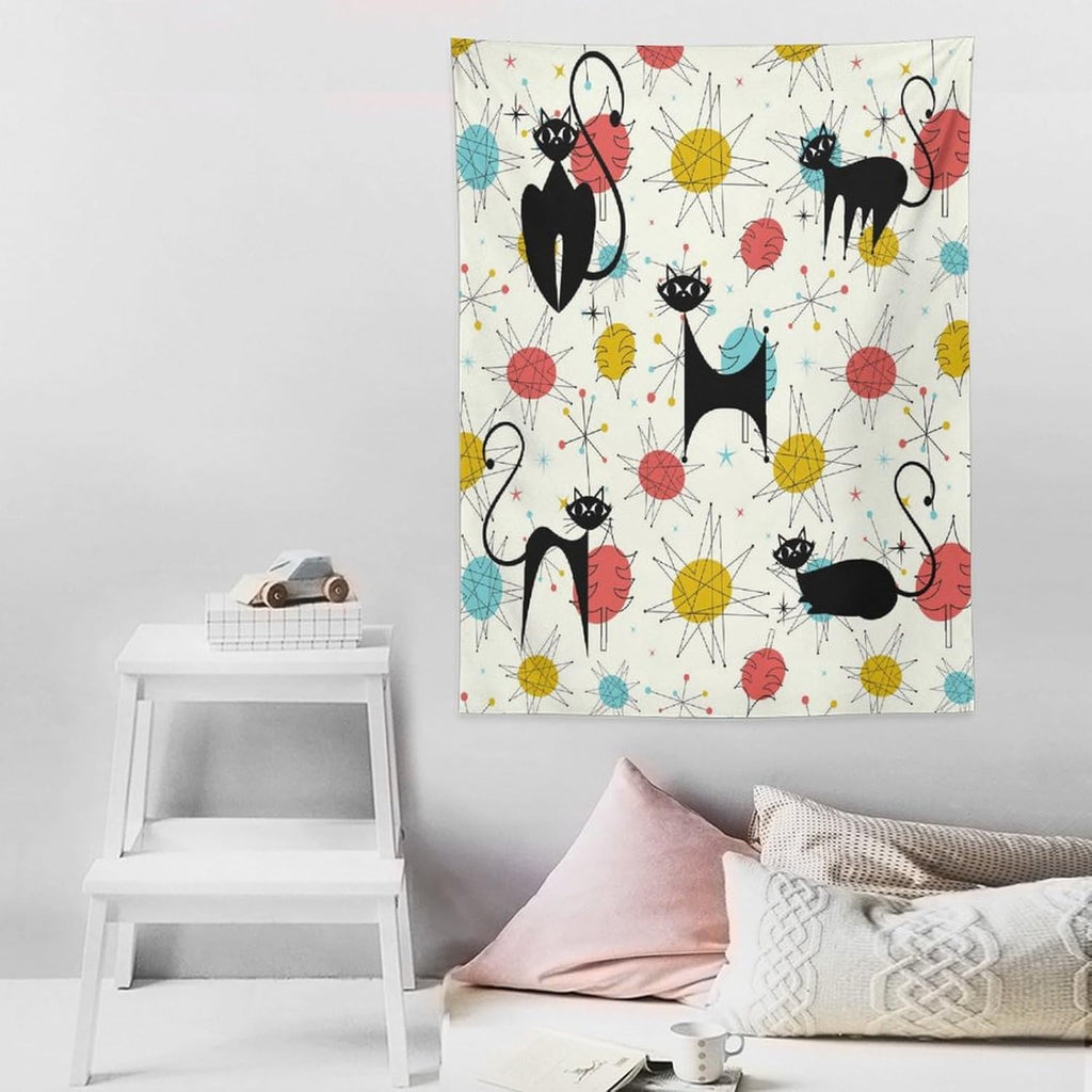 ICMOLYYENLO Abstract Cat Tapestry, Medieval Abstract Atomic Star Cat Vintage Home Wall Hanging Art Tapestry for Bedroom Living Room Dormitory 60x60 Inch
