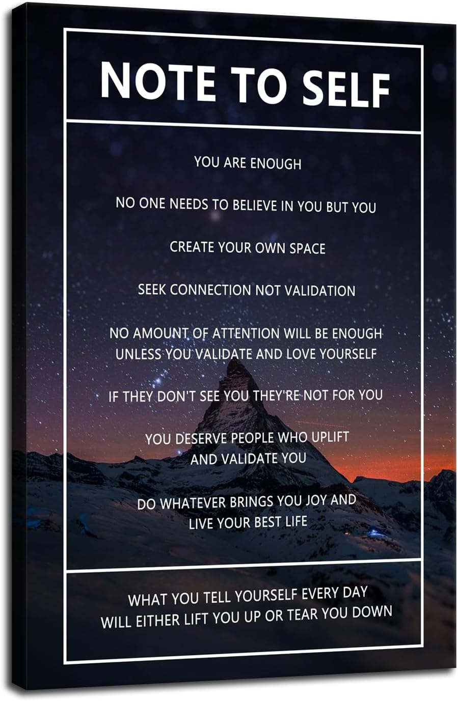 Motivational Canvas Wall Art Note to Self Inspirational Snow Mountain Starry Sky Poster Inspiring Canvas Painting Prints Wall Pictures for Home Decor Living Room Office Framed Artwork [24''W x 36''H]