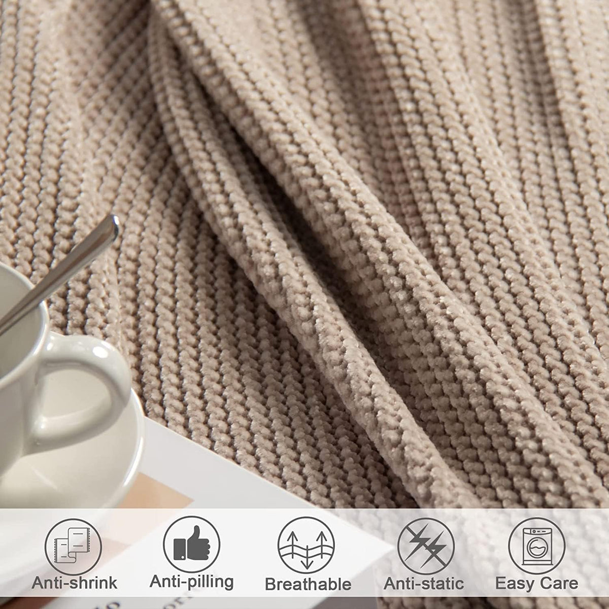 lifein Throw Blanket for Couch, Soft Boho Decor Bed Throw,Cozy Beige Knitted Chenille Small Farmhouse Lightweight Throw for Spring(Beige,60 * 80")