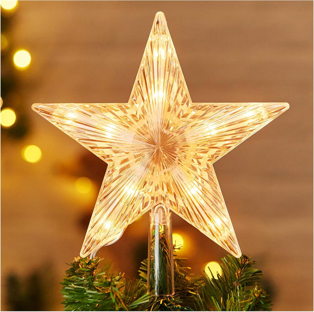 Christmas Tree Topper Lighted Star with Built-in 10 Replaceable Bulbs, 9.5” Clear Five-Pointed Star Tree Topper Plug in for Indoor Office Xmas New Year Holiday Tree Decoration, Warm White