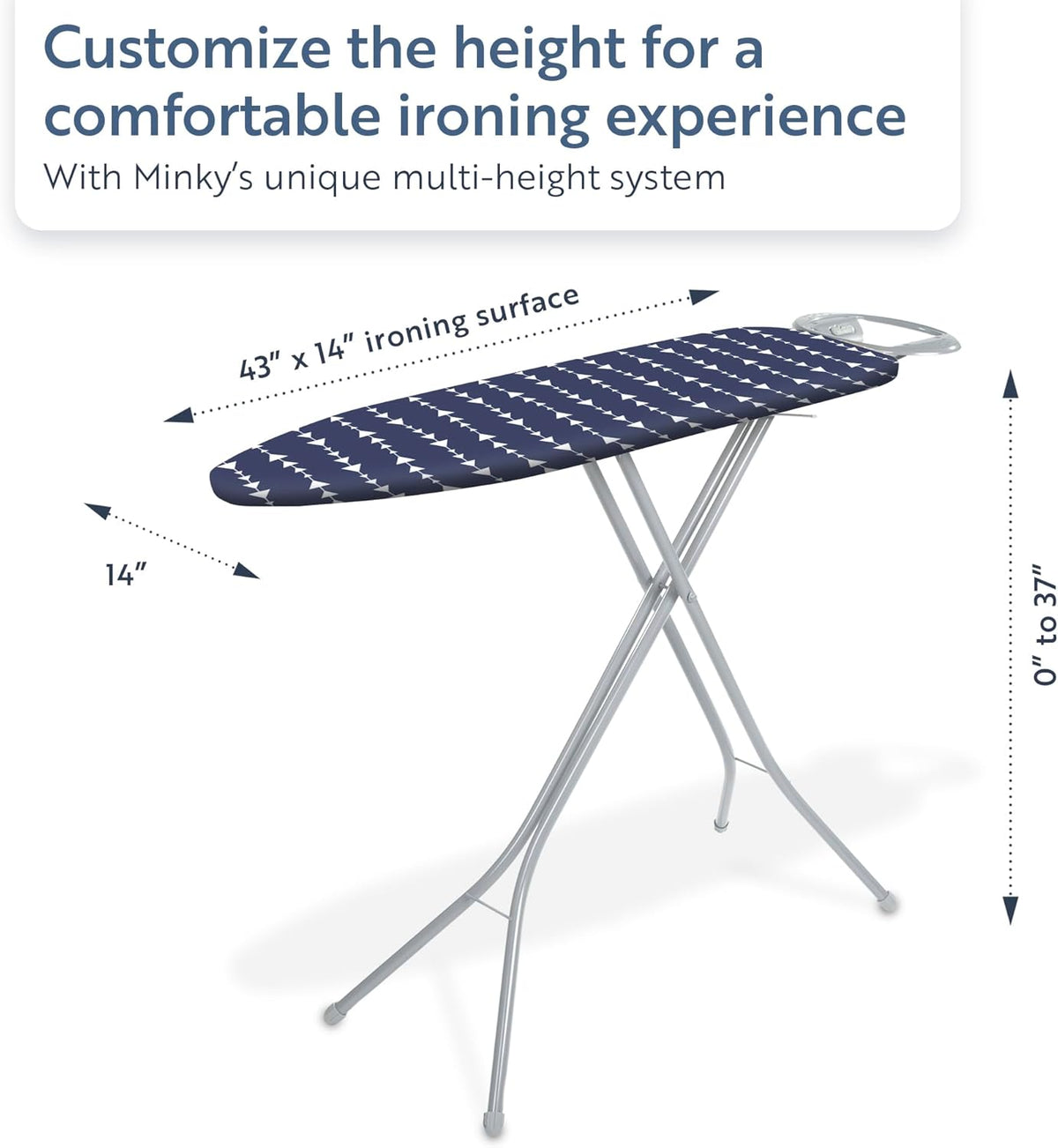 Classic 4-Leg Ironing Board with Iron Rest - Freestanding Full Size Iron Board for Clothes Pressing and Steaming with 43" x 14" Surface - Blue Arrows