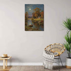 Small house by the stream under the moonlight tranquil style suitable for living room bedroom and office landscape poster wall art