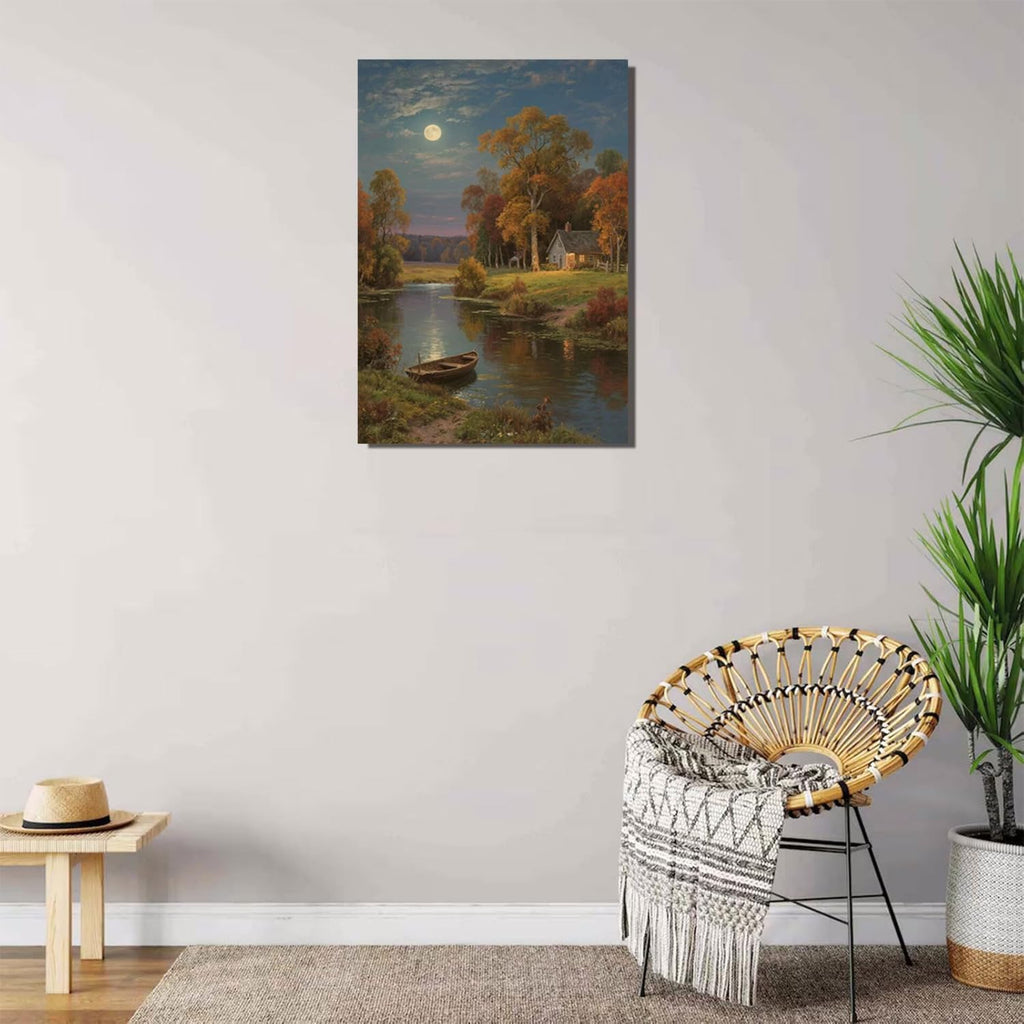 Small house by the stream under the moonlight tranquil style suitable for living room bedroom and office landscape poster wall art