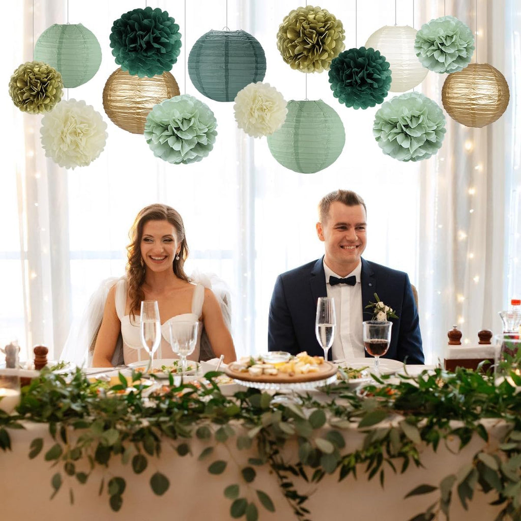zilue Sage Green Party Decorations, Sage Green Paper Lanterns and Pom Poms Flowers for Birthday Party Baby Shower Wedding Shower Decor Gold/Ivory/Sage Green 15pcs