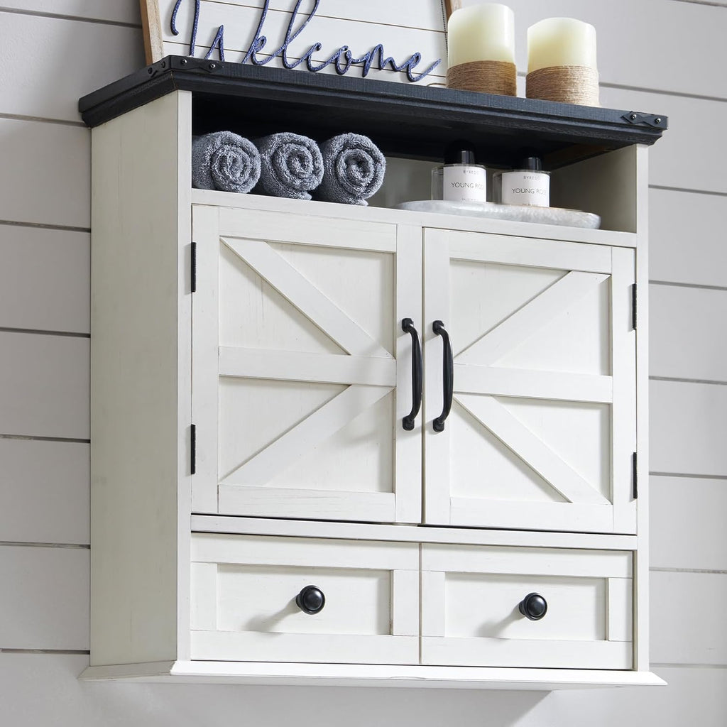 Bathroom Wall Cabinet, Farmhouse 24" Wide Medicine Cabinet with Drawer, Adjustable Shelf, Double Barn Doors, Storage Cabinets for Bathroom, Kitchen, Living Room, Off White