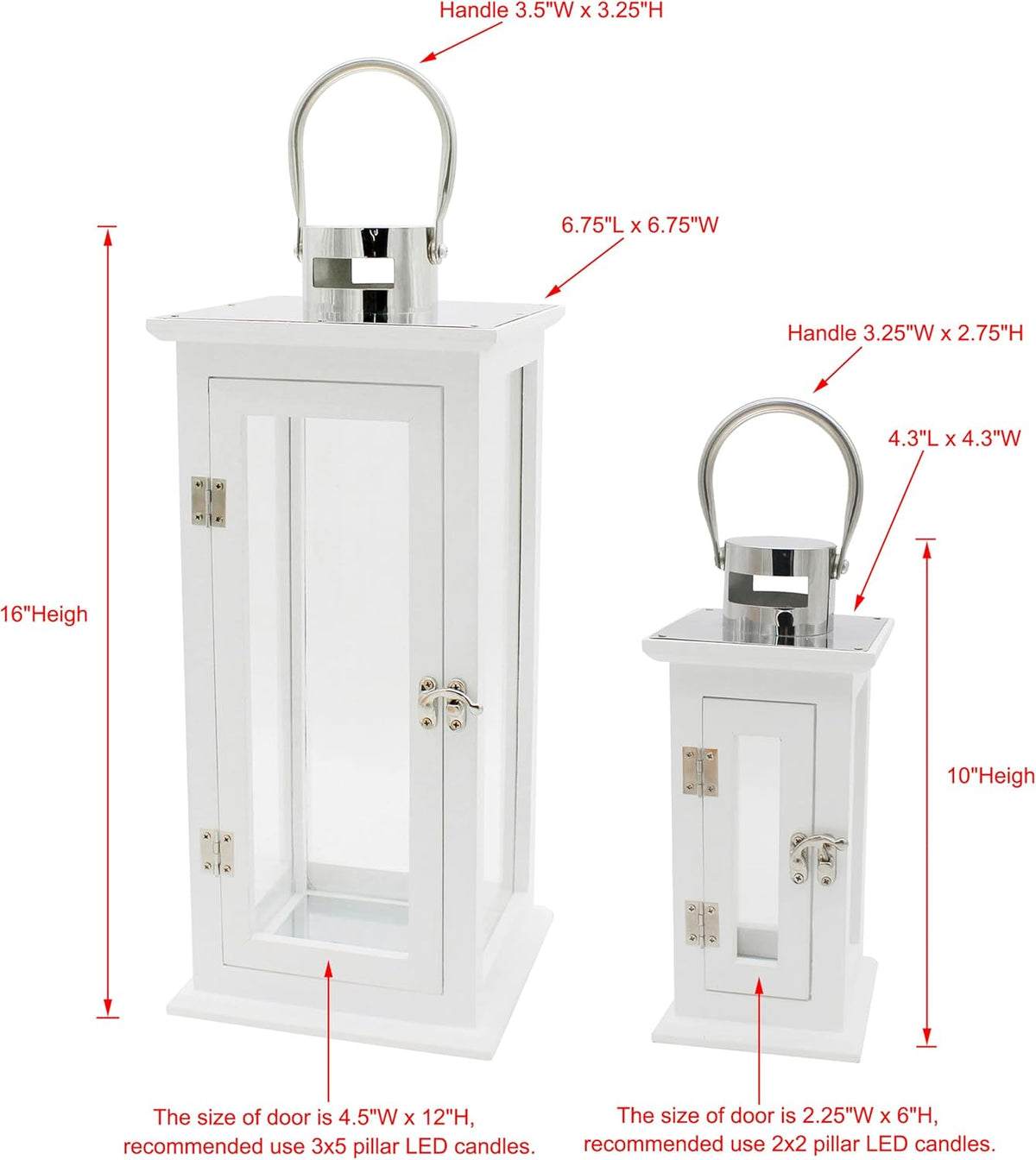 CVHOMEDECO. Decorative Elegant Wood Hurricane Candle Lantern with Stainless Top and Glass Inserts for Home Patio Outdoor Decor. White, Set of 2
