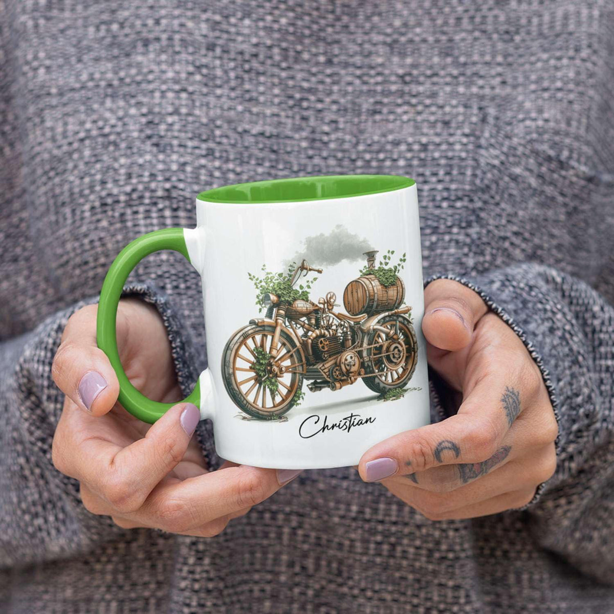 Customized Steampunk Motorcycle Mug With Vintage Design, Personalized Choose Name Coffee Cup 11oz Or 15oz, Custom Steampunk Mug, Unique Steam Engine White Ceramic Mug, Gift For Dad