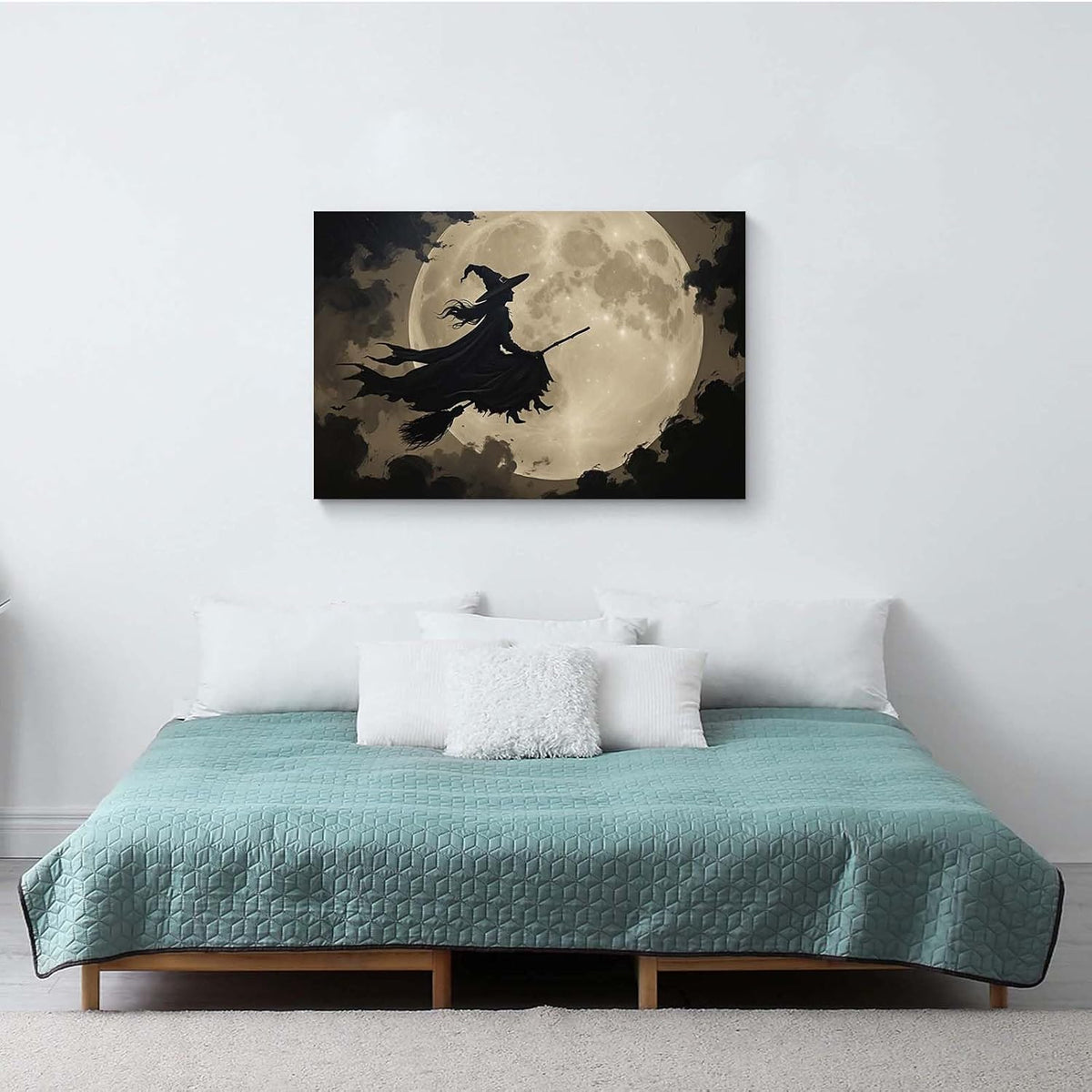 JFHCQJPK Full moon witch silhouette poster witch on magic broom Halloween mural poster decorative mural art suitable for home living room bedroom20x30in Frameless