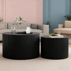 Round Nesting Coffee Table Modern Black Fluted Coffee Table Set of 2 Stripe Round Coffee Tables Circle Drum Coffee Tables Side Table Accent End Table for Living Room (Black Large)