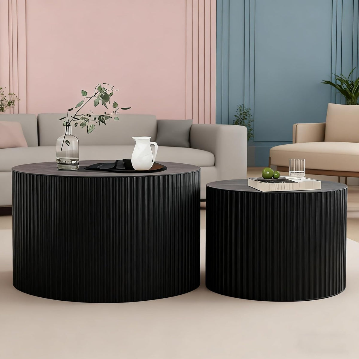 Round Nesting Coffee Table Modern Black Fluted Coffee Table Set of 2 Stripe Round Coffee Tables Circle Drum Coffee Tables Side Table Accent End Table for Living Room (Black Large)