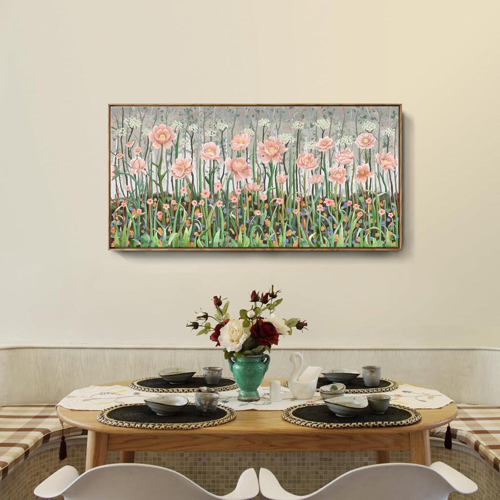 amatop Framed Large Floral Wall Art Modern Botanical Canvas Print Flower Field Wall Decor Abstract Landscape Picture Blooming Flower Forest Pink Green Artwork for Living Room Bedroom Office 48x24 in