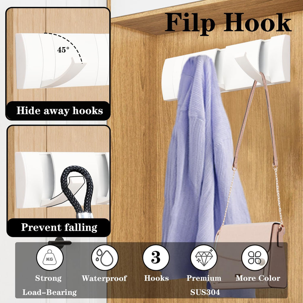 Folding Coat Hooks, Wall Mounted Coat Rack with 3 Retractable Hooks, Heavy Duty Towel Rack for Bathroom Wall Hook for Hanging Clothes Bathrobe, Stainless Steel Coat Hanger for Entryway(White)