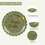 50PCS Sage Green and Gold Happy Birthday Paper Plates, 7 Inch Scalloped Disposable Birthday Dessert Cake Plates Metallic Foil Polka Dots Party Supplies for Birthday's Decorations