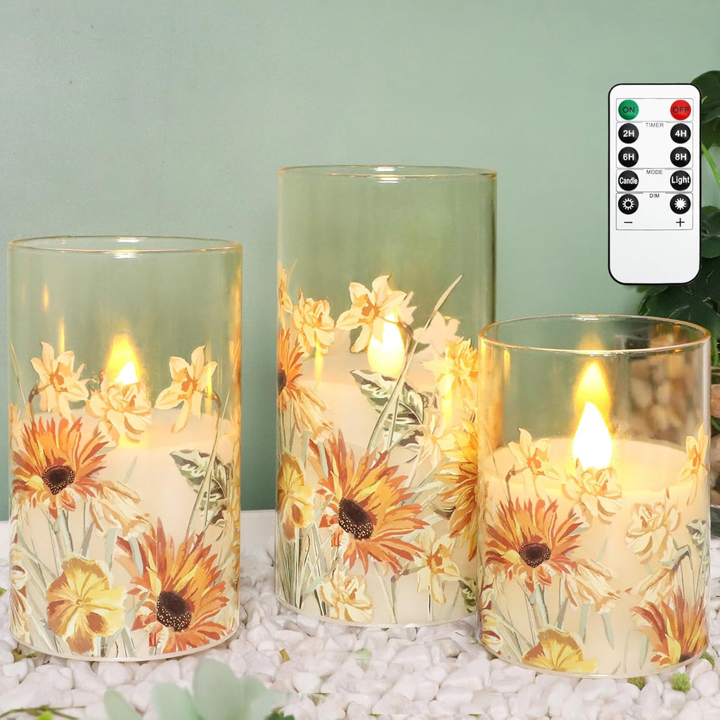 MELTONE Autumn Sunflower Flameless Candles Remote Real Wax Flickering Battery Operated Glass Candles - Home Party Bedroom Birthday Christmas Summer Fall Decorations
