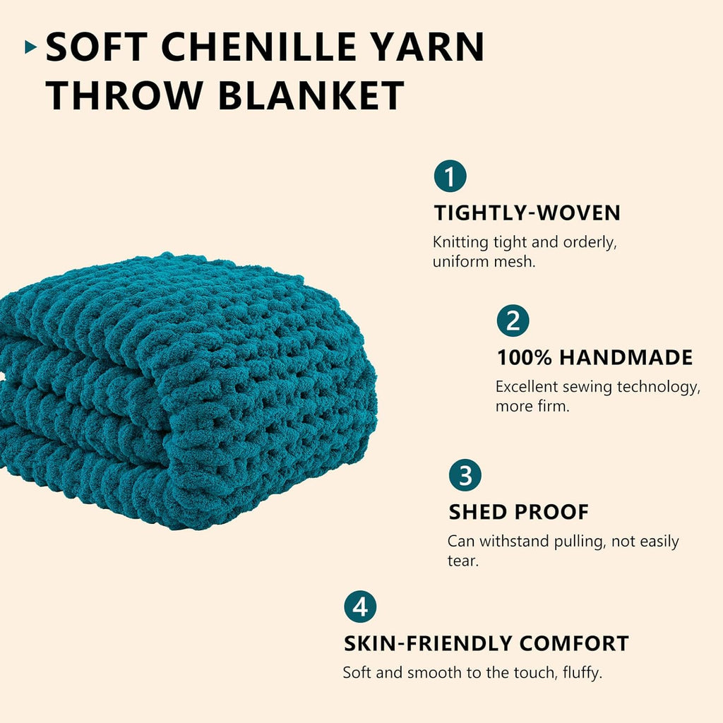 L'AGRATY Chunky Knit Blanket Throw: 60''x80'' Chenille Chunky Knitted Throw Blanket for Bed Couch - Handmade Thick Big Cable Knit Blanket - Large Crochet Rope Blanket for Home Decor(Teal)
