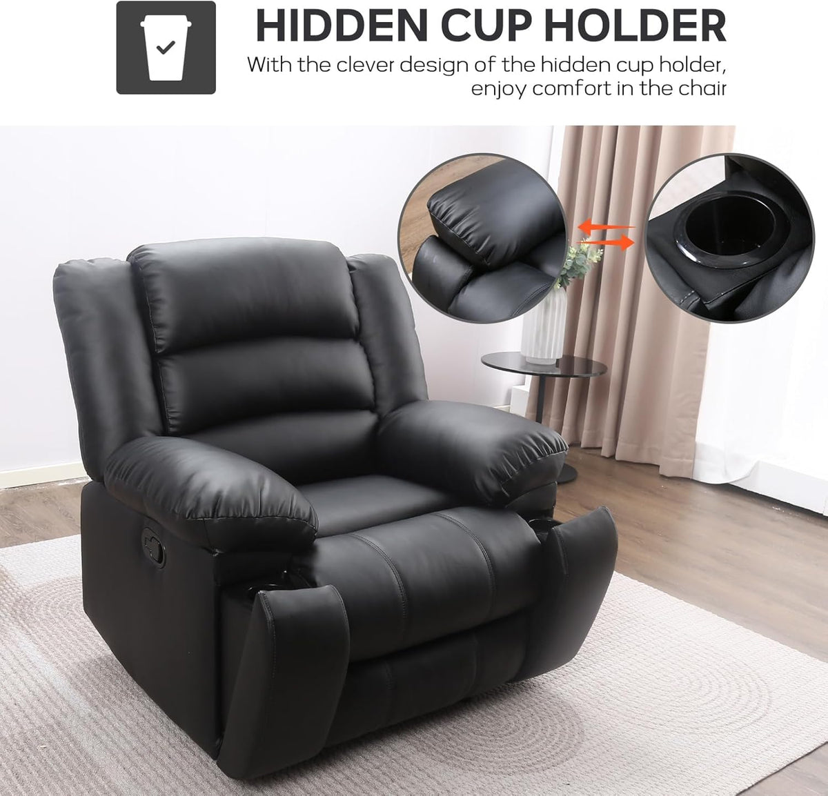 EBELLO Faux Leather Manual Recliner Chair, Single Reclining Sofa Chair Couch with 2 Concealed Cup Holders, Overstuffed Armrest Backrest for Living Room, Bedroom, Meeting Room, Black