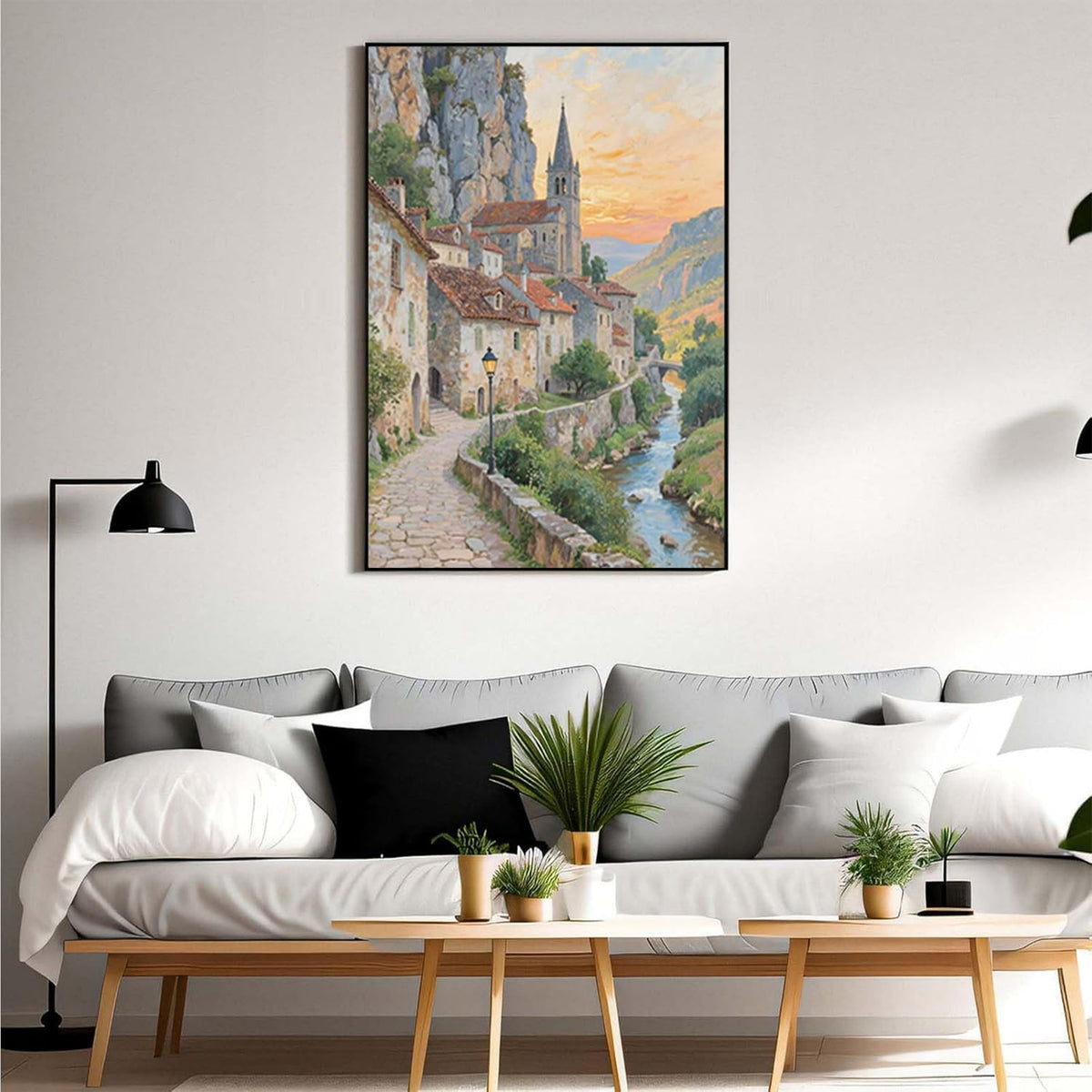 Small town scenery poster on the bank of the mountain stream is suitable for living room bedroom and office natural oil painting poster
