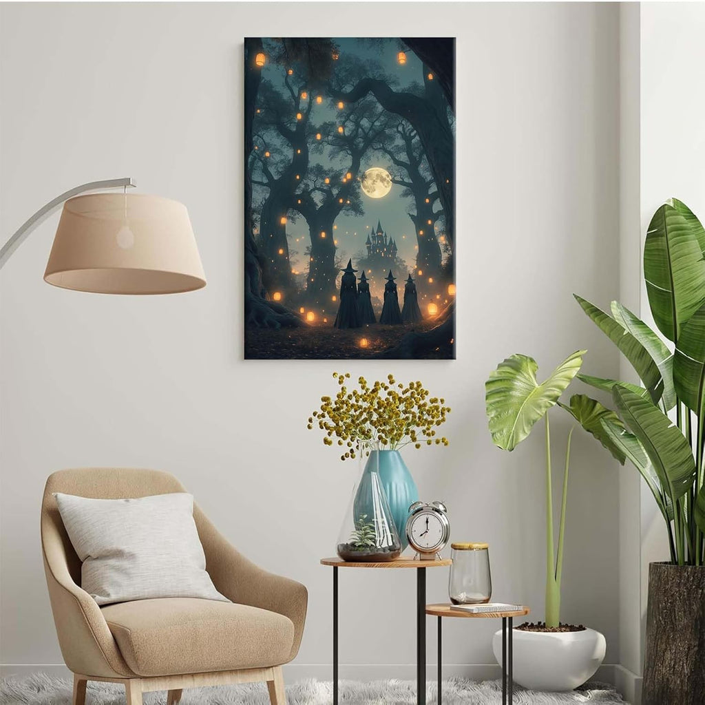Mysterious creek painting witch and castle in magic forest art print canvas gothic print dark college decoration poster for home bedroom12x16in Wood Framed