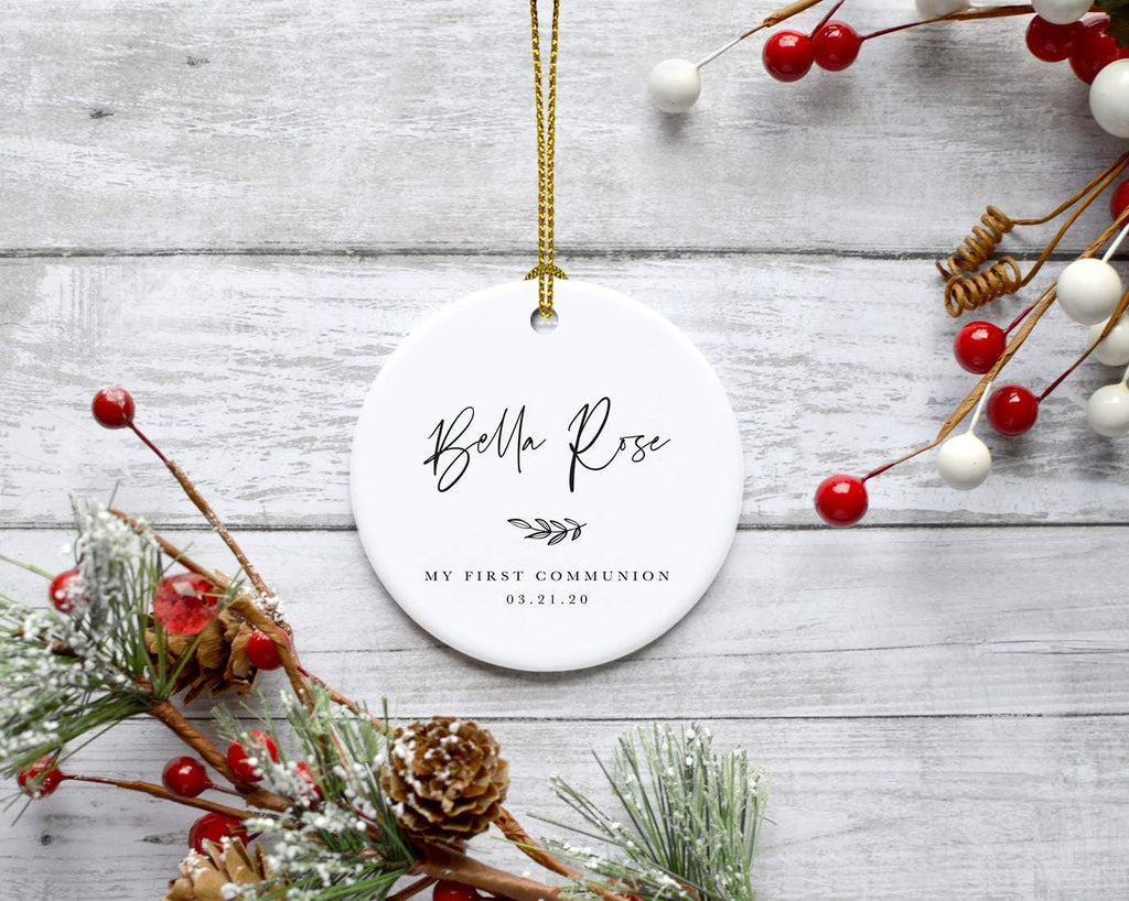 Andaz Press Personalized Round Ceramic Porcelain Christmas Tree Ornament Engagement Collectible Gift for Baby, Ava Marie Carter My First Communion 03.21.20, Antique Handdrawn, 1-Pack