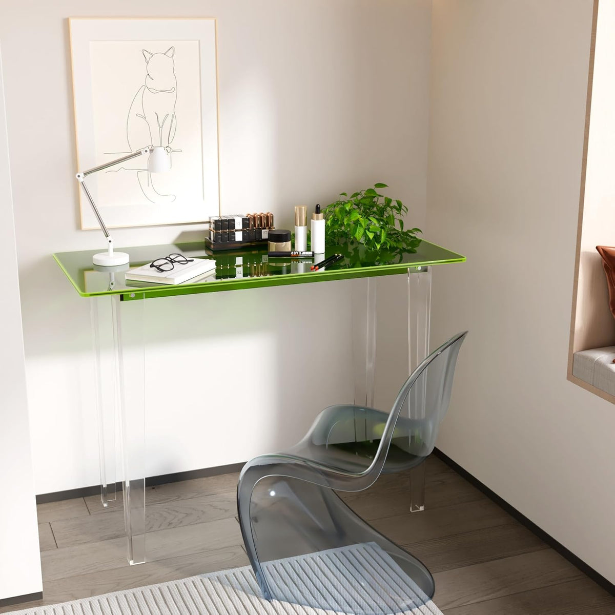 Acrylic Desk, Modern Study Table for HomeOffice-Extended Surface Multi-Purpose Console & EntrywayTable, Sturdy Lightweight Design (42.5-inch, Green)