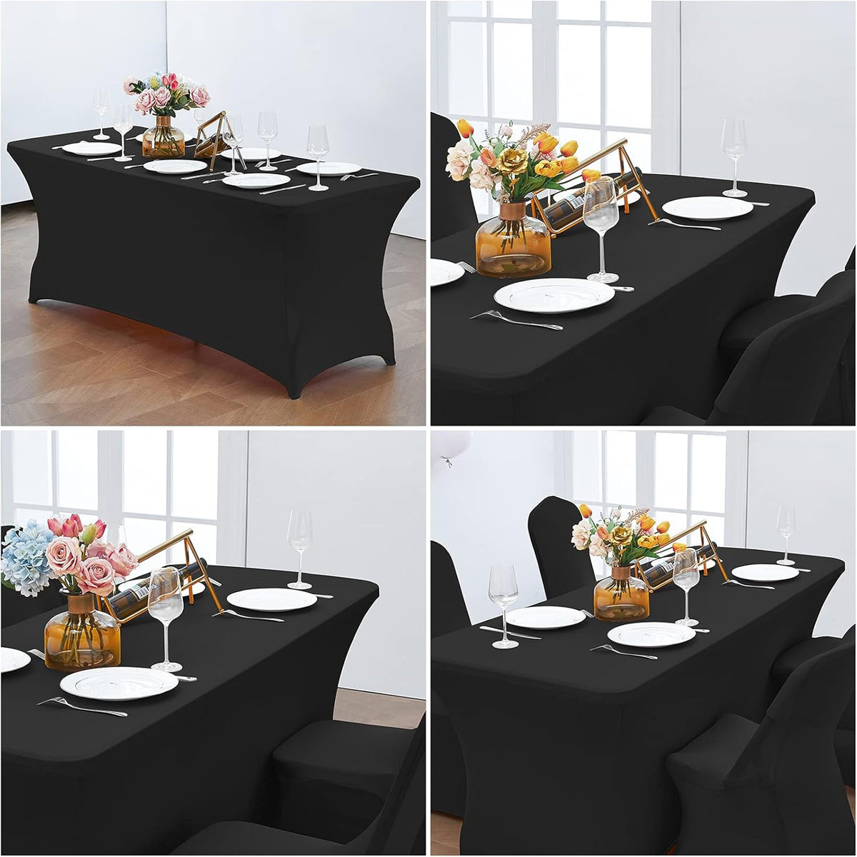 CWK 6FT Waterproof Stretch Spandex Table Cover for Rectangular Tables - Elastic Fitted Tablecloth for Folding Tables,Wrinkle Resistant Table Cloth for Parties, Weddings, Banquets & Events (Black)