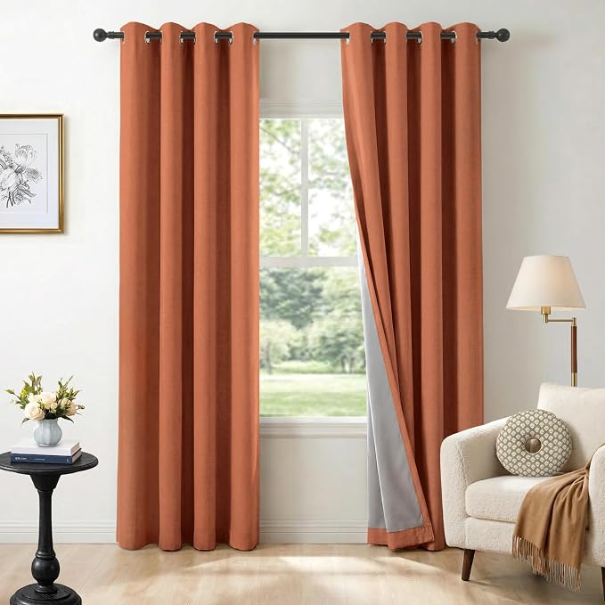 100% Blackout Linen Textured Curtains 84 Inch Long, Light Blocking, Thermal by 100BlackoutShield