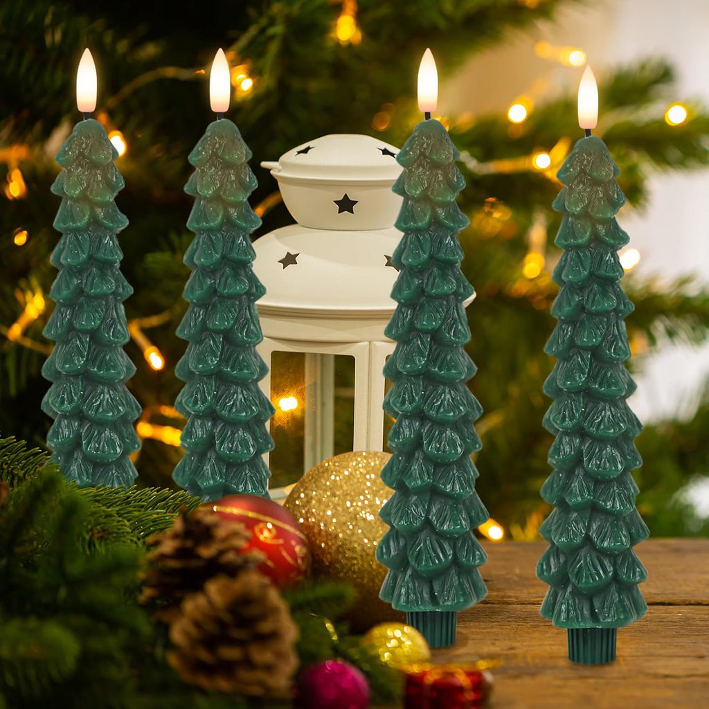 GenSwin Christmas Tree Flameless Taper Candles with Remote Timer, Christmas LED Taper Candles with 3D Flame, 4 Pcs Green LED Candlesticks for Christmas Home Decoration(0.78” x 9.8”)