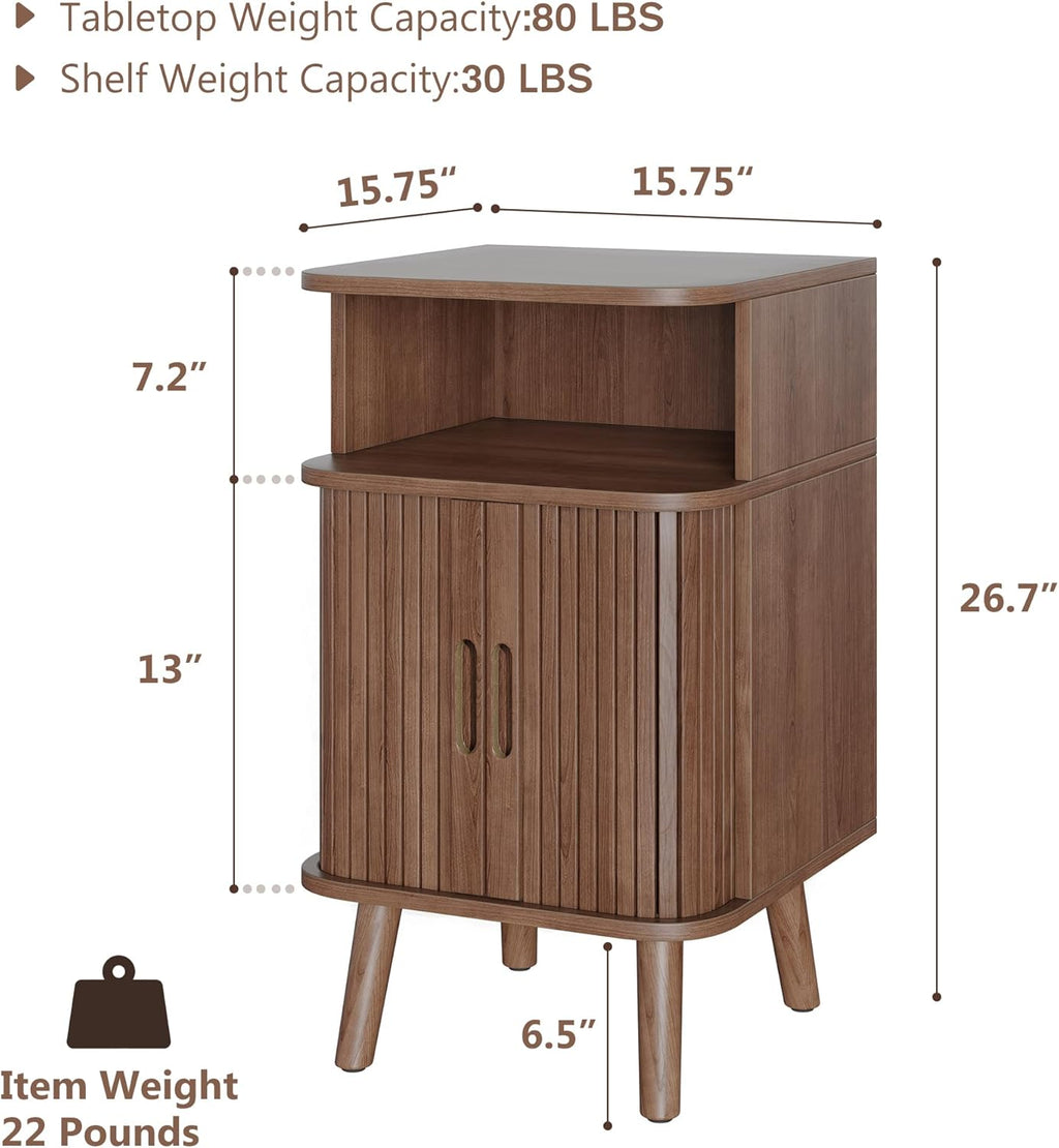 Alohappy Mid Century Modern End Table with Sliding Tambour Door, Fluted Wood Nightstand, Curved Round Edge Side Table with Storage Cabinet for Bedroom, Living Room, Walnut