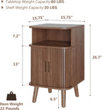 Alohappy Mid Century Modern End Table with Sliding Tambour Door, Fluted Wood Nightstand, Curved Round Edge Side Table with Storage Cabinet for Bedroom, Living Room, Walnut