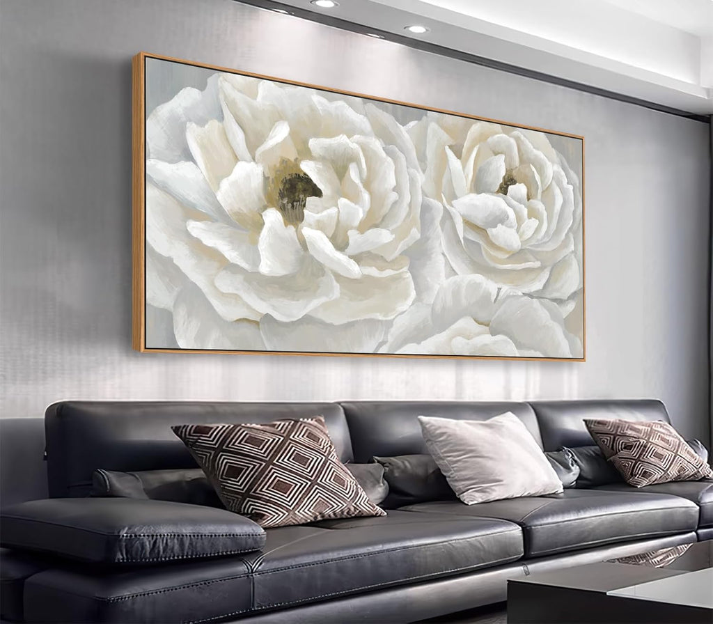arteWOODS Cream White Flowers Framed Wall Art - Soft Peony Pictures for Wall Decor Elegant Blossom Flower Painting Artwork Botanical Prints for Living Room Home Office Wall Decoration 29" x 58"