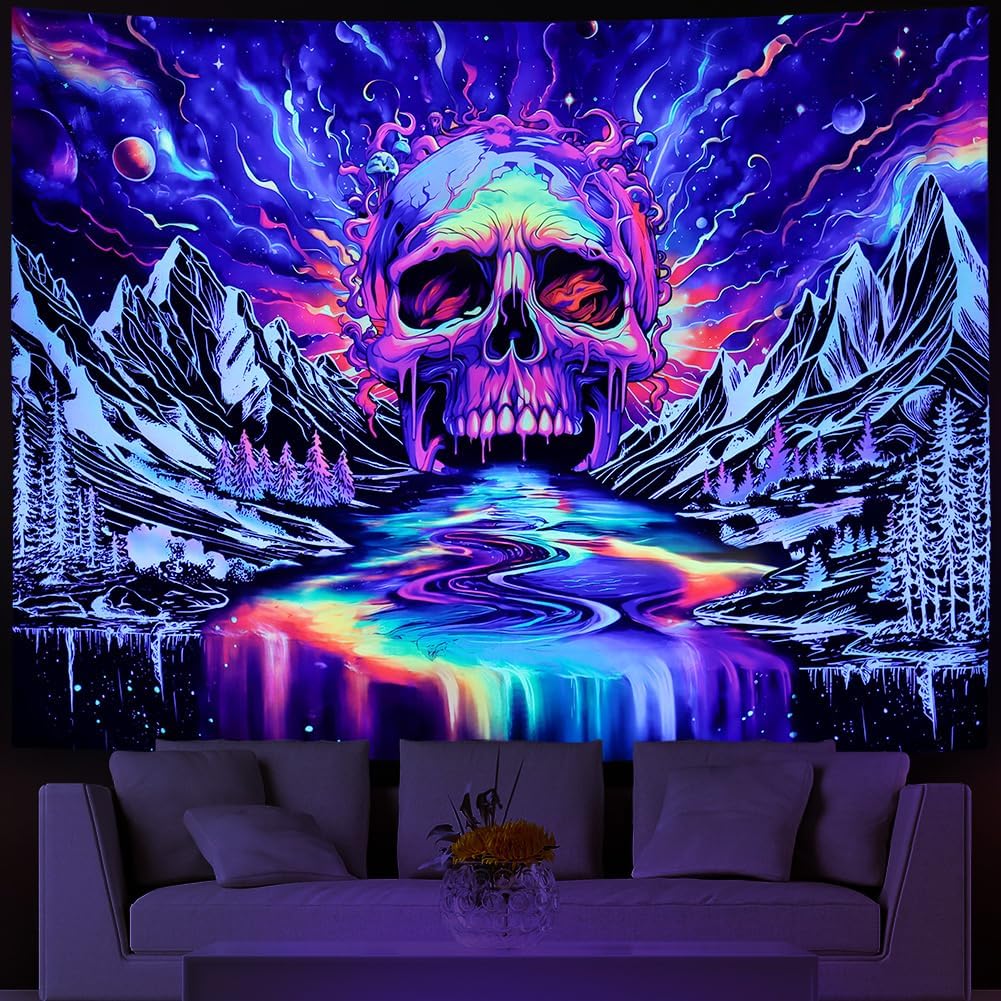 Blacklight Skull Tapestry UV Reactive Galaxy Mountain Planet Tapestries Magic Neon River Wall Hanging Aesthetic Skeleton Wall Decor Forest Trees Landscape Backdrop for Living Room