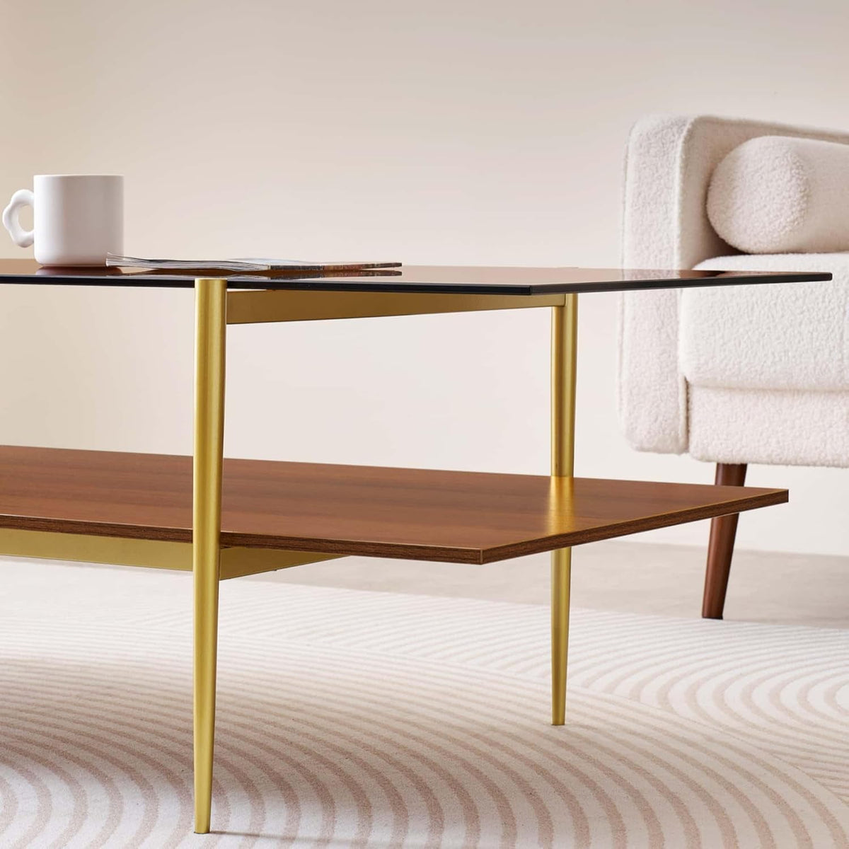 Extra Large Rectangle Glass Coffee Table, Mid-Century Modern Design for Living Room, L47 x W24 x H17, Amber Glass Top and Walnut MDF Shelf, Sleek Conical Metal Legs with Gold Finish