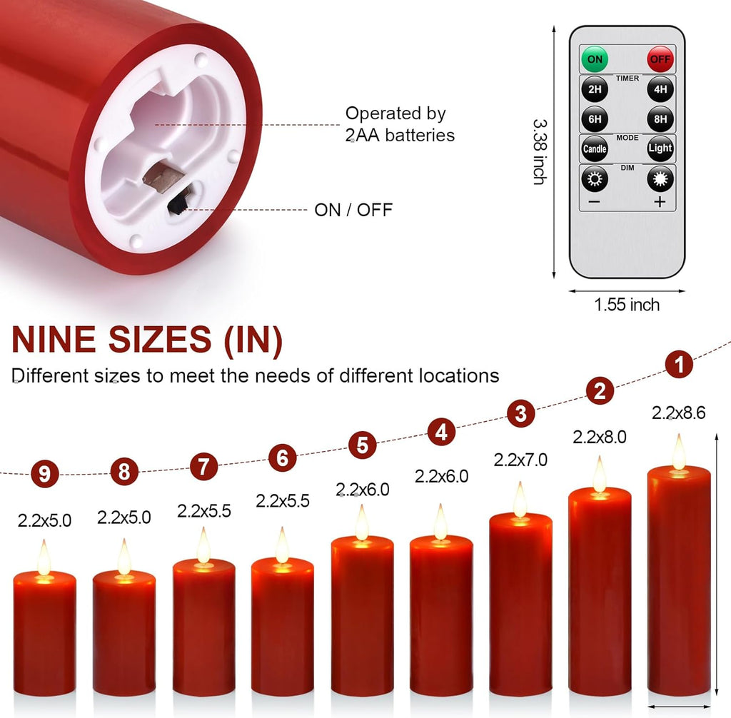 Flameless battery Operated LED candles 3D wick with10 key button remote control 24-hour timer Set of 9 electric flickering pillar real wax ApplyTo Party, Wedding,Dinner，gift and Home Decoration
