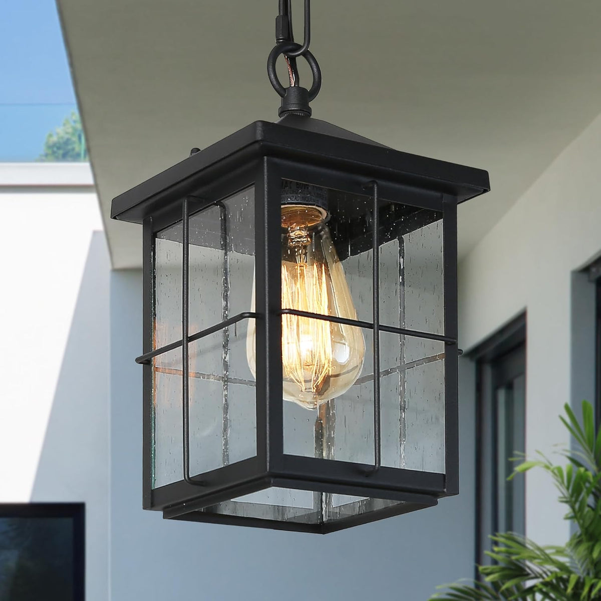 LOG BARN Outdoor Pendant Light Fixture, Farmhouse Exterior Lights, Anti-Rust Ceiling Outdoor Light with Seeded Glass, Lantern Hanging Light for Front Door, Entry, Porch, and Gazebo