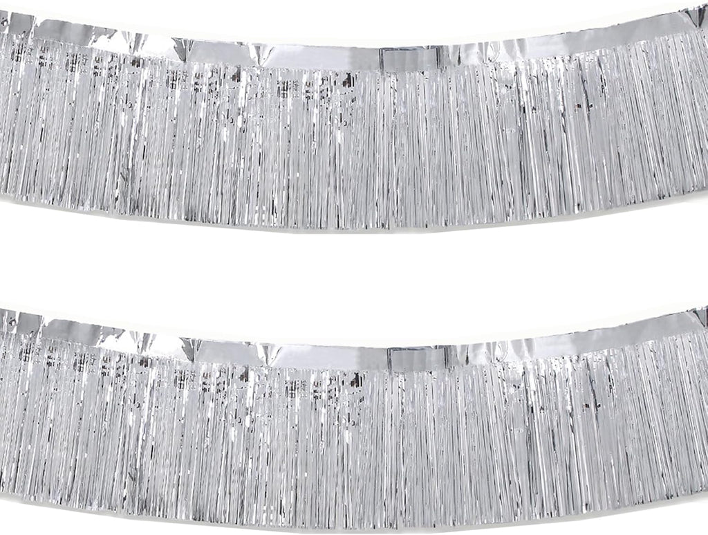 Silver Foil Fringe Garland 10FT 2packs, Metallic Foil Tinsel Fringe Banners for Parade Float Decorations Wedding, Birthday Party Graduation (Two Silver)