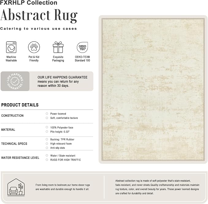 2x3 Washable Entryway Rug: Modern Abstract Indoor Soft Carpet Beige | - Image 2