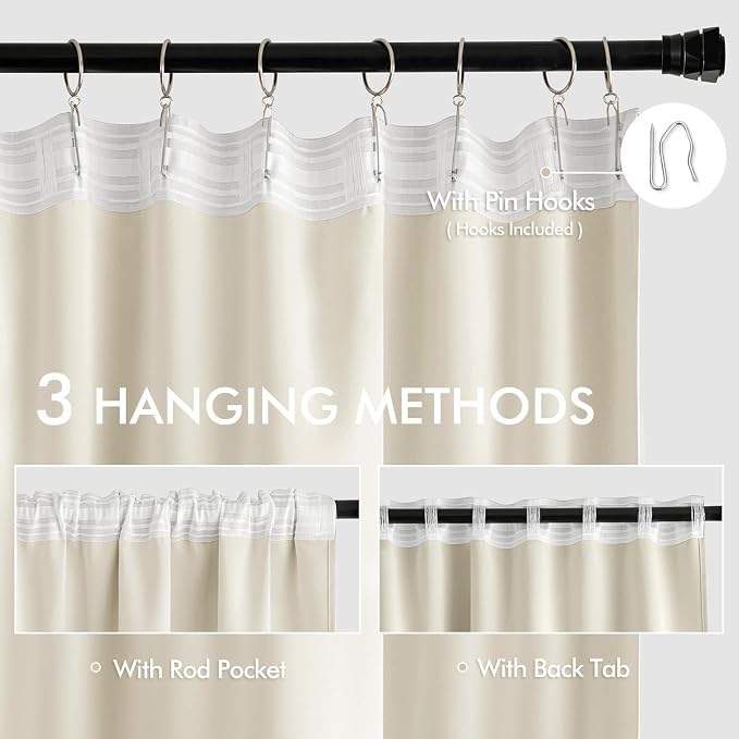 MIULEE Beige White Back Tab Blackout Curtains 52x63 Inches Long 2 Panel Set | - Image 3